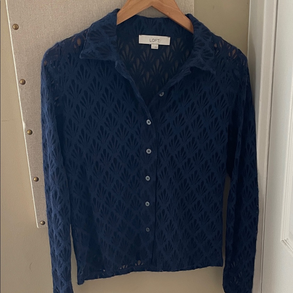 LOFT Navy Lace Top Small Semi-Sheer Long-Sleeve Button-up. - Picture 2 of 6